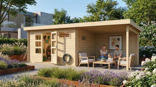 dřevěný domek KARIBU BASTRUP 8 + přístavek 300 cm včetně zadní stěny (9318) natur