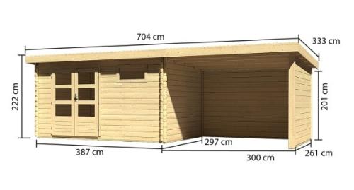 dřevěný domek KARIBU BASTRUP 8 + přístavek 300cm včetně zadní a boční stěny (78677) natur