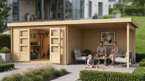 dřevěný domek KARIBU BASTRUP 8 + přístavek 400 cm včetně zadní stěny (9319) natur