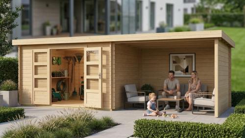 dřevěný domek KARIBU BASTRUP 8 + přístavek 400cm včetně zadní a boční stěny (9320) natur