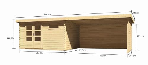 dřevěný domek KARIBU BASTRUP 8 + přístavek 400cm včetně zadní a boční stěny (9320) natur