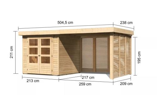 drevený domček KARIBU ASKOLA 2 + prístavok 280 cm vrátane zadnej a bočnej steny (9169) natur