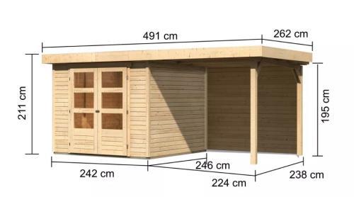 drevený domček KARIBU ASKOLA 3,5 + prístavok 240 cm vrátane zadnej steny (9176) natur
