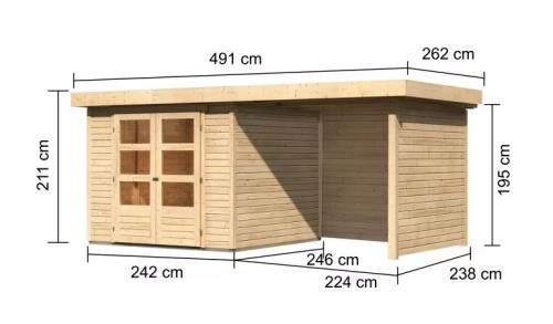 drevený domček KARIBU ASKOLA 3,5 + prístavok 240 cm vrátane zadnej a bočnej steny (77719) natur