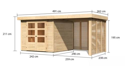 drevený domček KARIBU ASKOLA 3,5 + prístavok 240 cm vrátane zadnej a bočnej steny (9147) natur