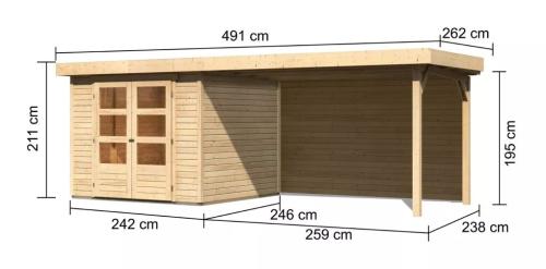 dřevěný domek KARIBU ASKOLA 3,5 + přístavek 280 cm včetně zadní stěny (9149) natur