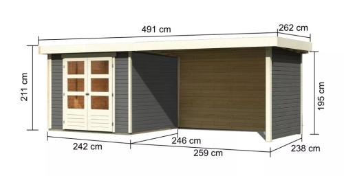 dřevěný domek KARIBU ASKOLA 3,5 + přístavek 280 cm včetně zadní a boční stěny (9151) terragrau