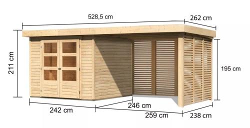 dřevěný domek KARIBU ASKOLA 3,5 + přístavek 280 cm včetně zadní a boční stěny (9152) natur