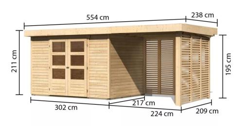 dřevěný domek KARIBU ASKOLA 4 + přístavek 240 cm včetně zadní a boční stěny (9179) natur