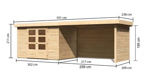 dřevěný domek KARIBU ASKOLA 4 + přístavek 280 cm včetně zadní a boční stěny (77734) natur