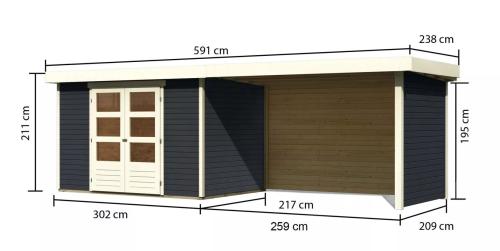 dřevěný domek KARIBU ASKOLA 4 + přístavek 280 cm včetně zadní a boční stěny (38675) antracit