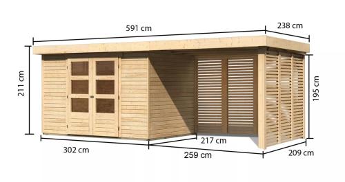 dřevěný domek KARIBU ASKOLA 4 + přístavek 280 cm včetně zadní a boční stěny (9182) natur