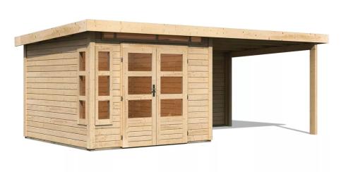 dřevěný domek KARIBU KASTORF 6 + přístavek 320 cm včetně zadní stěny (31544) natur