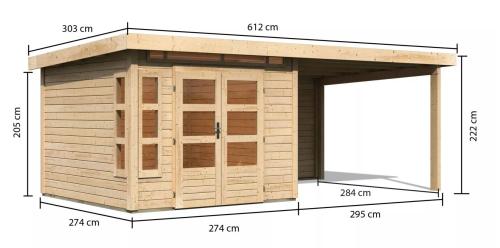 dřevěný domek KARIBU KASTORF 6 + přístavek 320 cm včetně zadní stěny (31544) natur