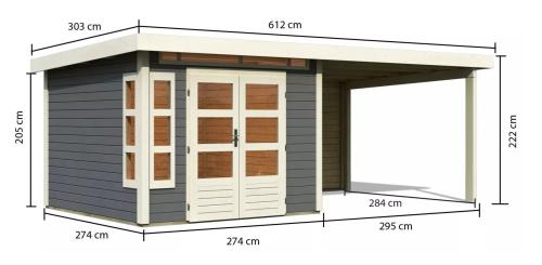 dřevěný domek KARIBU KASTORF 6 + přístavek 320 cm včetně zadní stěny (31547) terragrau