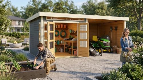 dřevěný domek KARIBU KASTORF 6 + přístavek 320 cm včetně zadní a boční stěny (31549) terragrau