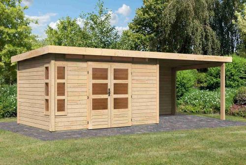 dřevěný domek KARIBU KASTORF 7 + přístavek 320 cm včetně zadní stěny (31558) natur