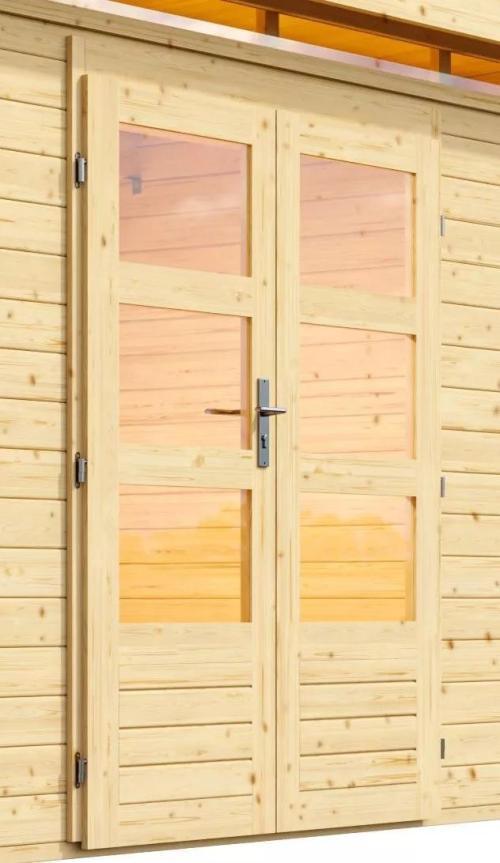 dřevěný domek KARIBU KASTORF 7 + přístavek 320 cm včetně zadní stěny (31558) natur