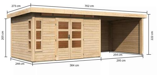 dřevěný domek KARIBU KASTORF 7 + přístavek 320 cm včetně zadní a boční stěny (31560) natur