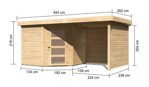 dřevěný domek KARIBU SCHWANDORF 5 + přístavek 240 cm včetně zadní a boční stěny (77748) natur