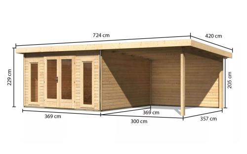 dřevěný domek KARIBU RADEBURG 3 + přístavek 330 cm včetně zadní stěny (31488) natur