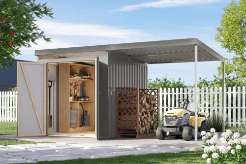 plechový domek KARIBU IRIDIUM 2 + přístavek 200 cm (48468) šedý