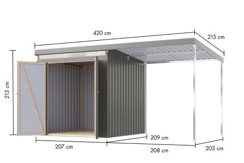 plechový domek KARIBU IRIDIUM 2 + přístavek 200 cm (48468) šedý