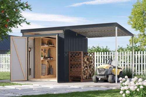 plechový domek KARIBU IRIDIUM 2 + přístavek 200 cm (48471) antracit