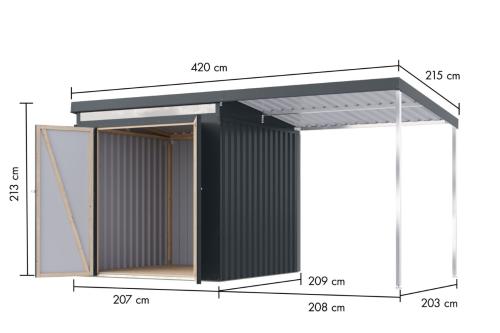 plechový domek KARIBU IRIDIUM 2 + přístavek 200 cm (48471) antracit