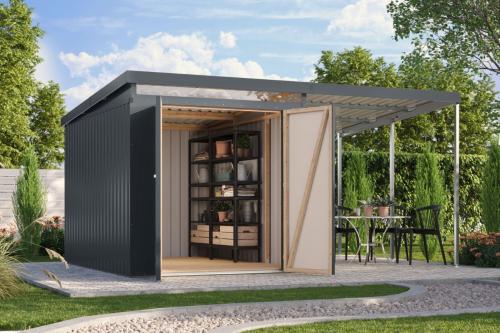 plechový domek KARIBU IRIDIUM 2,5+ přístavek 200 cm (48487) antracit