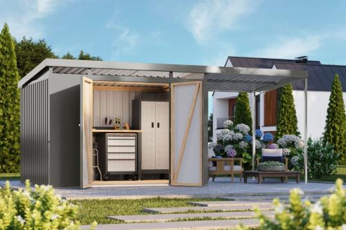 plechový domek KARIBU IRIDIUM 3 + přístavek 200 cm (48489) šedý