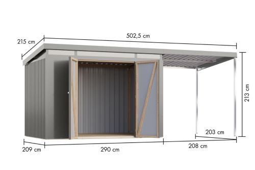 plechový domek KARIBU IRIDIUM 3 + přístavek 200 cm (48489) šedý