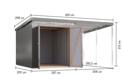 plechový domek KARIBU IRIDIUM 3 + přístavek 200 cm (48497) antracit