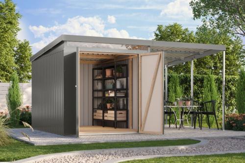 plechový domek KARIBU IRIDIUM 2,5+ přístavek 200 cm (48472) šedý