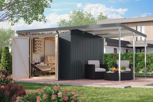 plechový domek KARIBU IRIDIUM 3,5 + přístavek 200 cm (48499) antracit