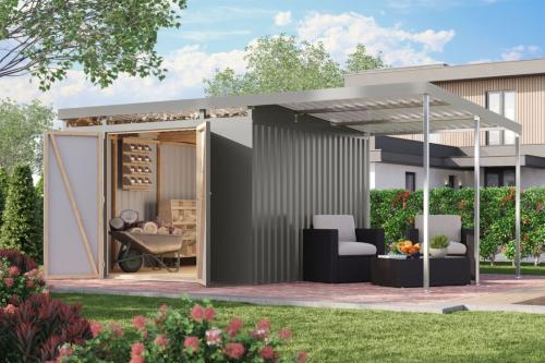 plechový domek KARIBU IRIDIUM 3,5 + přístavek 200 cm (48498) šedý