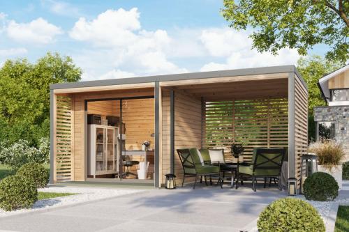 hybridní domek KARIBU SATURN (50560) natur / šedý + 253 cm přístavek včetně zadní a boční stěny 