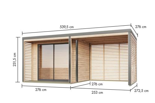 hybridní domek KARIBU SATURN (50560) natur / šedý + 253 cm přístavek včetně zadní a boční stěny 