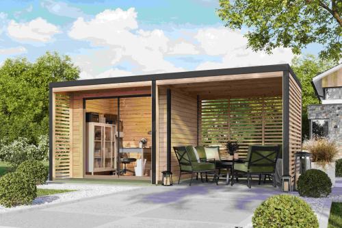 hybridní domek KARIBU SATURN (50563) natur / antracit + 253 cm přístavek včetně zadní a boční stěny