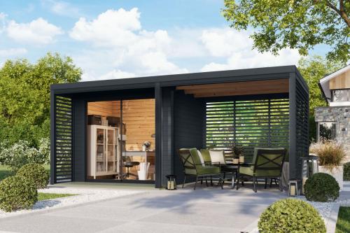 hybridní domek KARIBU SATURN (66203) antracit + 253 cm přístavek včetně zadní a boční stěny