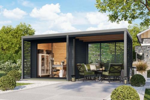 hybridní domek KARIBU SATURN (50568) antracit / šedý + 253 cm přístavek včetně zadní a boční stěny