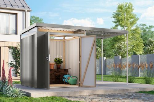 plechový domek KARIBU AURUM 2 + přístavek 200 cm (53677) šedý