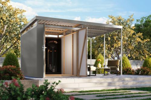 plechový domek KARIBU AURUM 2,5 + přístavek 200 cm (53680) šedý