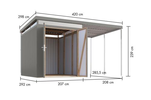 plechový domek KARIBU AURUM 2,5 + přístavek 200 cm (53680) šedý