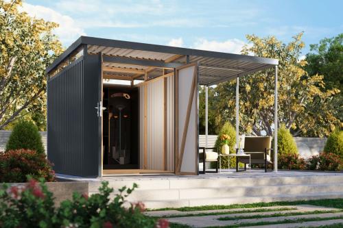 plechový domek KARIBU AURUM 2,5 + přístavek 200 cm (53681) antracit