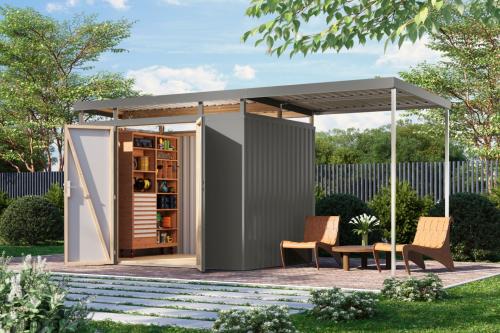 plechový domek KARIBU AURUM 3 + přístavek 200 cm (53682) šedý