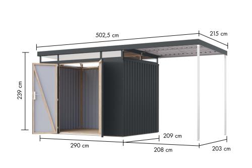 plechový domek KARIBU AURUM 3 + přístavek 200 cm (53682) šedý