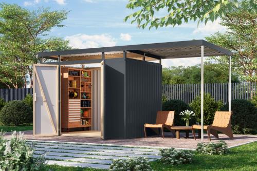 plechový domek KARIBU AURUM 3 + přístavek 200 cm (53683) antracit