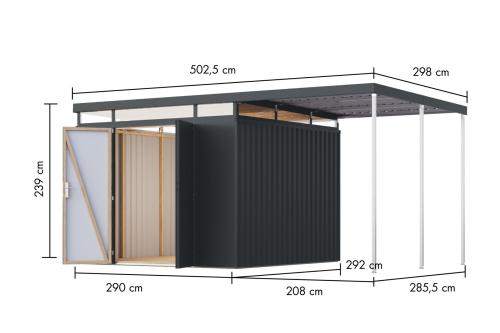 plechový domek KARIBU AURUM 3,5 + přístavek 200 cm (53694) antracit