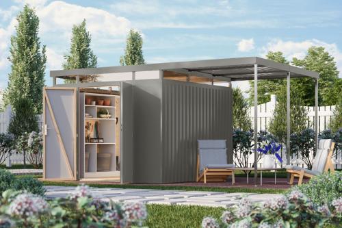 plechový domek KARIBU AURUM 3,5 + přístavek 200 cm (53693) šedý